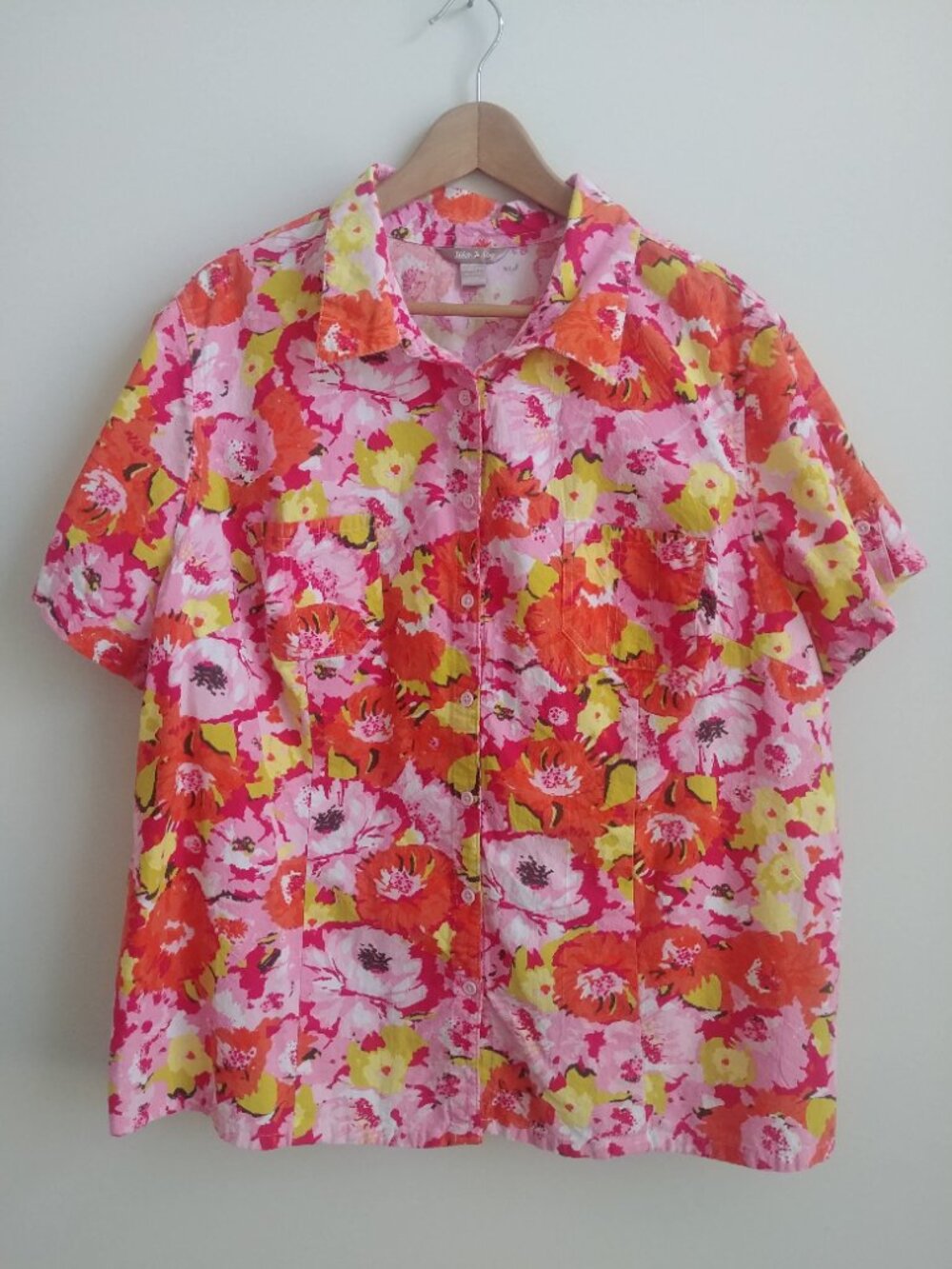 White Stag 3X 100% cotton short sleeve button down blouse top shirt pink floral